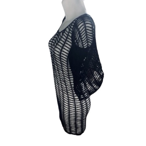 Bebe Solid Black Mesh Fishnet Bat Wing Sleeves Mini Dress / Swim Cover Up Small - Picture 10 of 13
